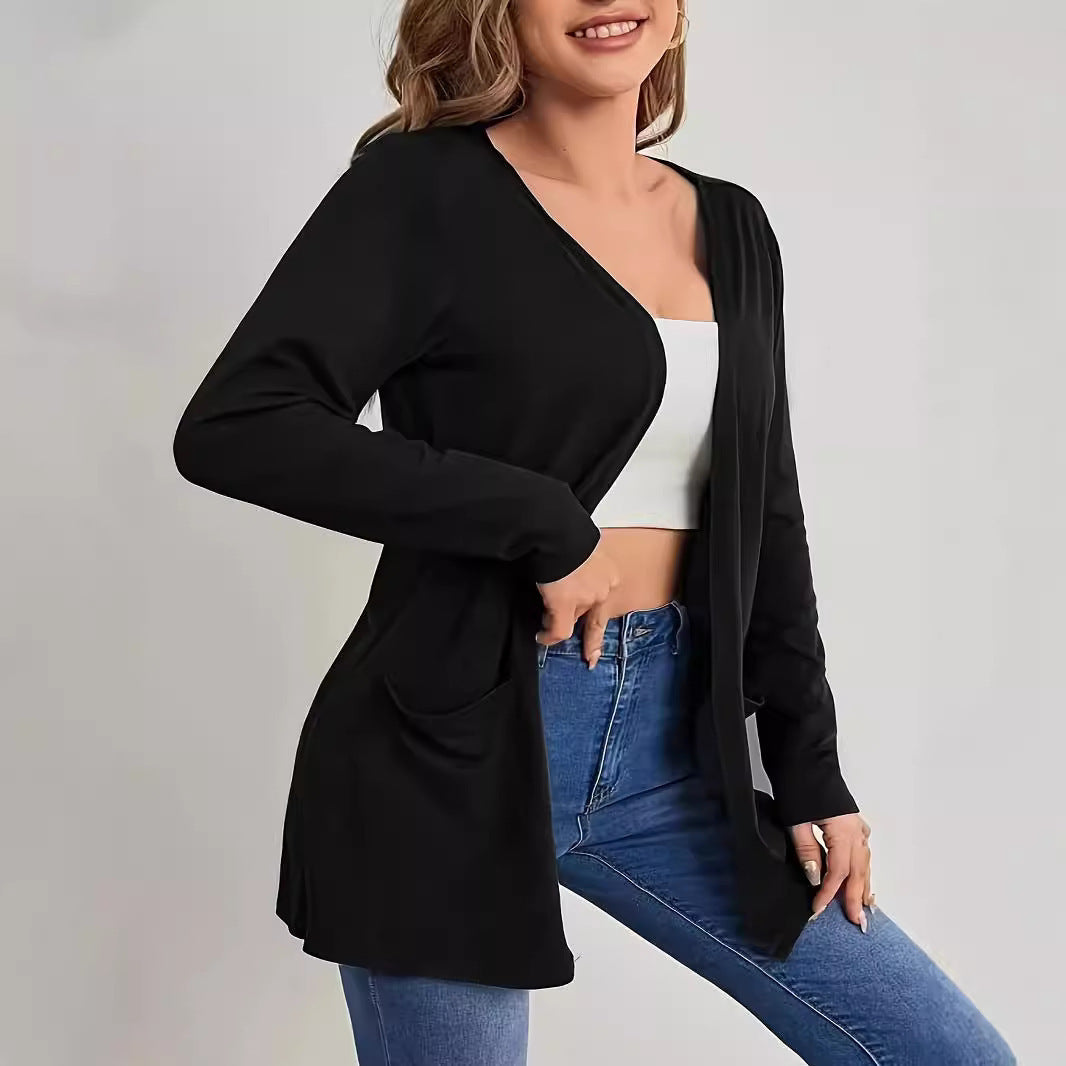 Damen Offene Longline-Cardigan mit aufgesetzten Taschen und schmalem Kragen Shop Nory