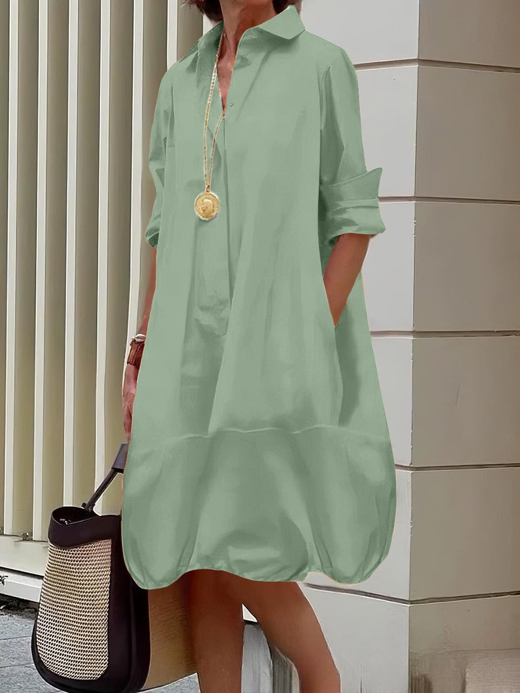 Damen Lässiges Hemdblusenkleid mit weit geschnittenem Saum ShopNory