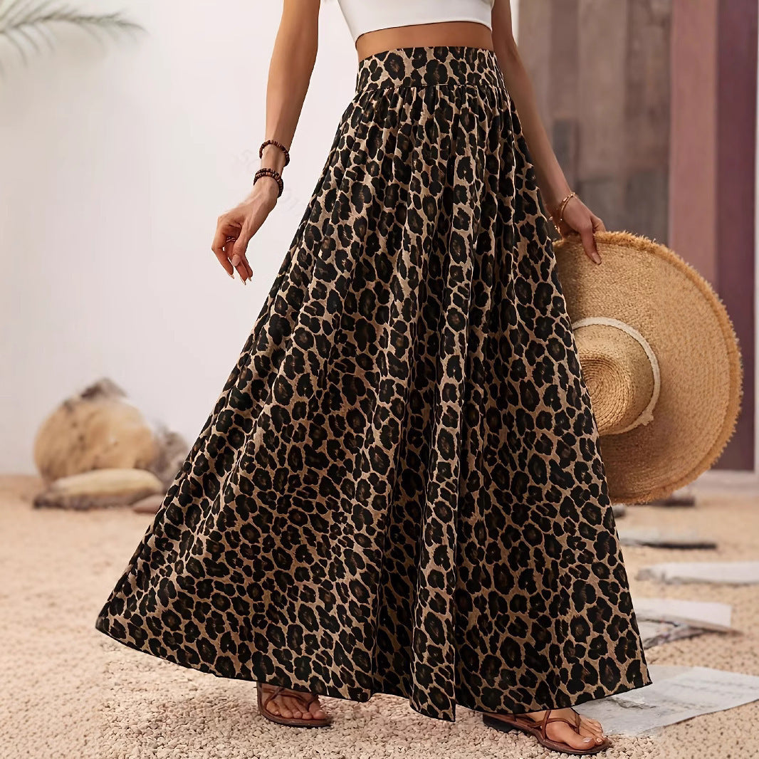 Damen Maxi-Rock mit elastischem Bund und Leopardenmuster