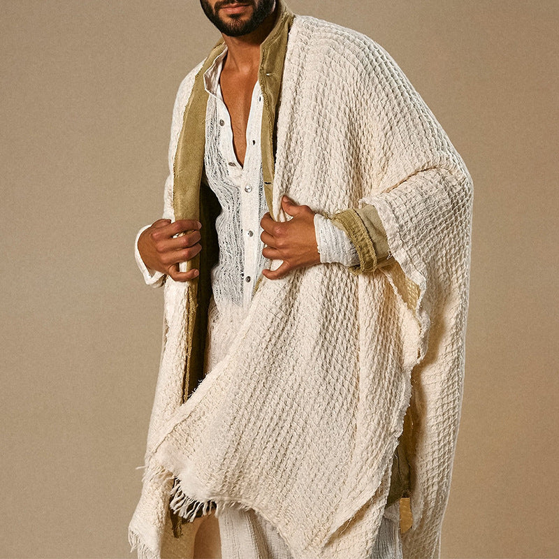 Herren weit geschnittener Baumwoll-Leinen Poncho mit Fransen und offener Front Shop Nory
