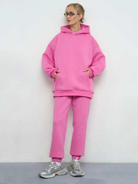 Damen lässiges Kapuzen-Sweatset aus schwerer Baumwollfleece mit Kängurutasche und gerader Jogginghose Shop Nory