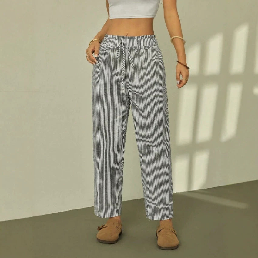 Damen Leinenoptik-Relaxhose mit High-Waist, Kordelzug und Nadelstreifen Shop Nory
