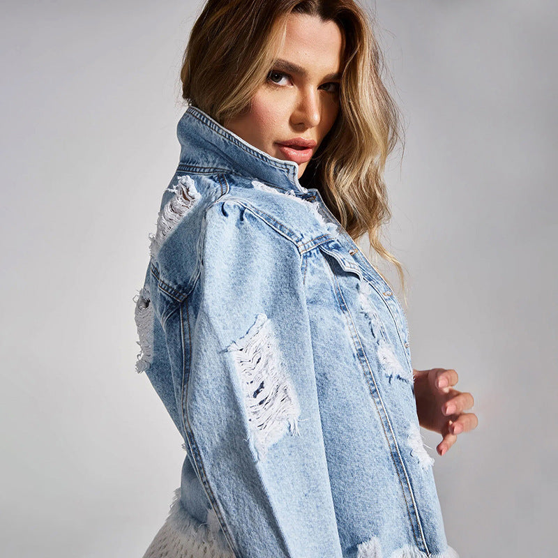 Damen Kurze Distressed Jeansjacke mit Fransen und Used‑Effekt Shop Nory