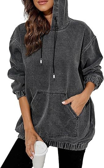Damen Oversize Kapuzenpullover aus verwaschenem Jeansstoff mit Kängurutasche Shop Nory