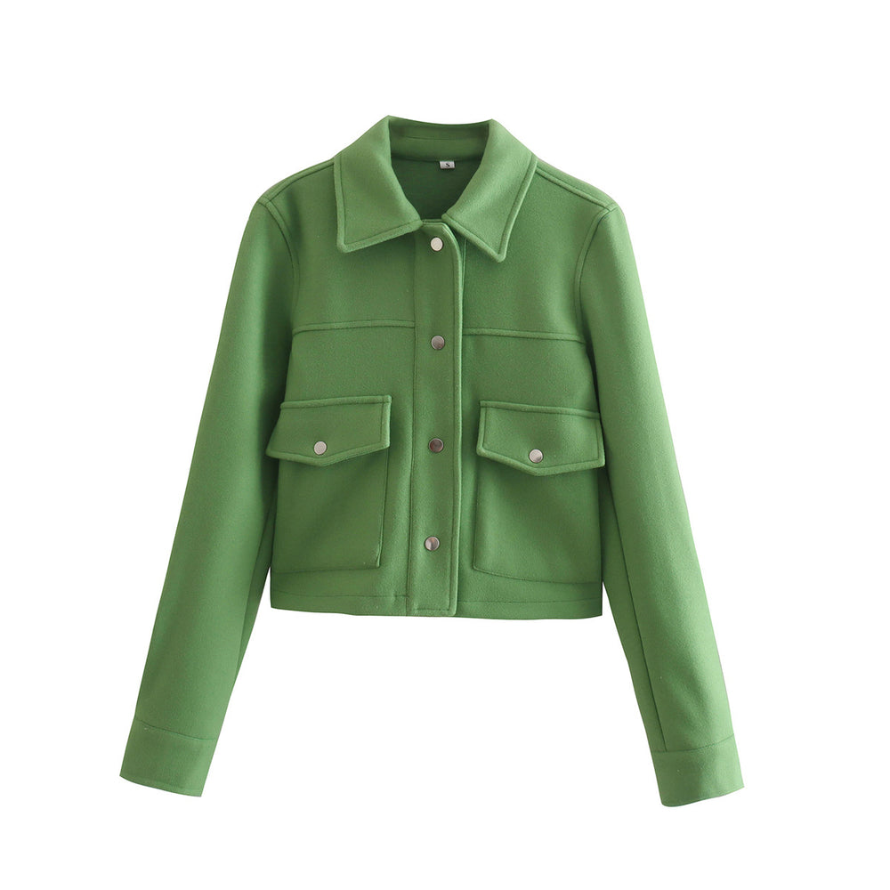 Damen Kurz geschnittene Wolloptik-Jacke mit Pattentaschen und Druckknöpfen Shop Nory