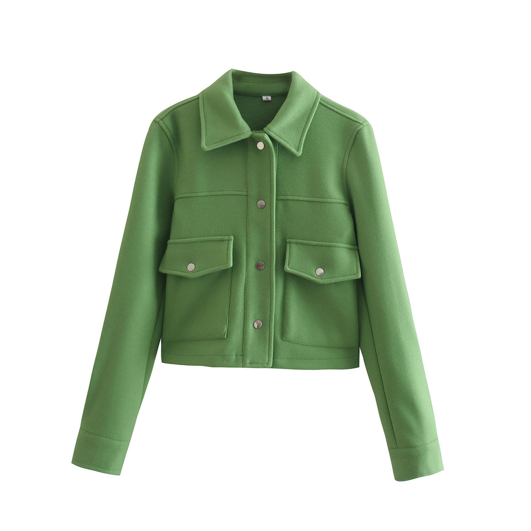Damen Kurz geschnittene Wolloptik-Jacke mit Pattentaschen und Druckknöpfen Shop Nory