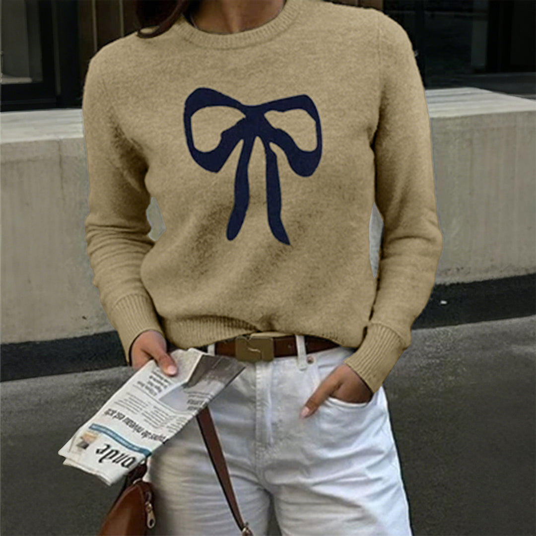 Damen nan Feinstrickpullover mit großem Schleifenprint, Rundhalsausschnitt und schmaler Passform Shop Nory