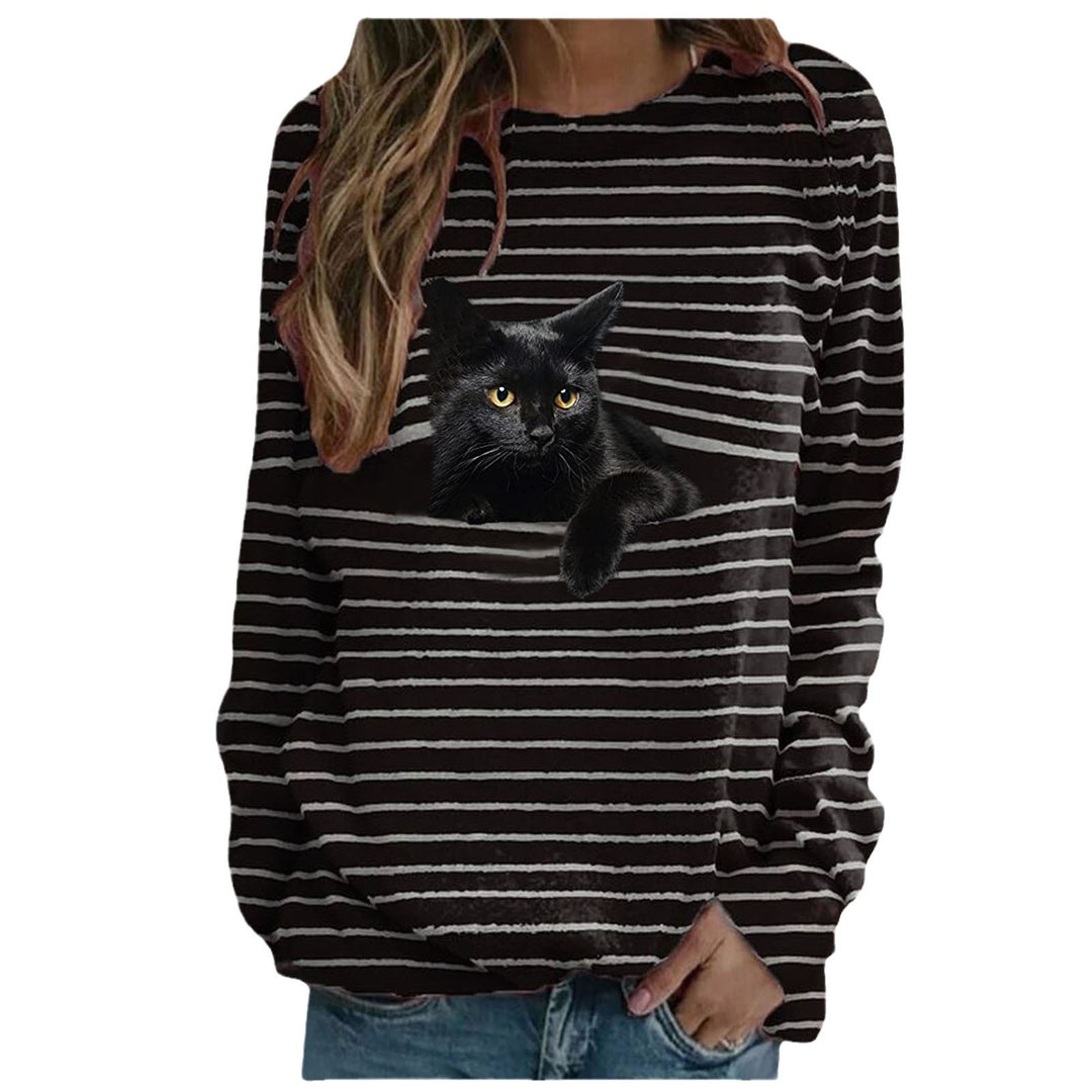 Damen nan lässiger Streifenpullover mit fotorealistischer Katzentasche und Rundhalsausschnitt Shop Nory