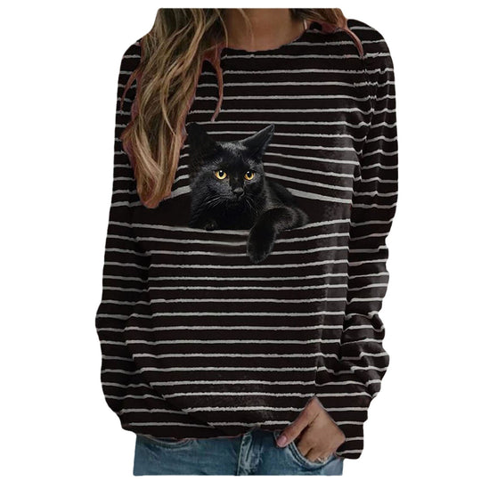 Damen nan lässiger Streifenpullover mit fotorealistischer Katzentasche und Rundhalsausschnitt Shop Nory