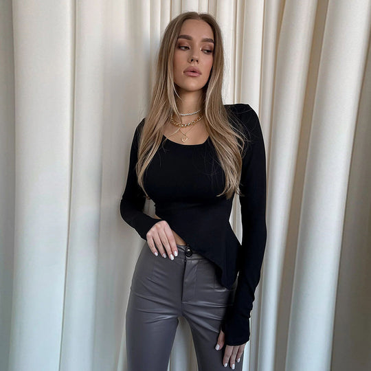 Damen Asymmetrisches tailliertes Cut-Out-Crop-Top mit langen Ärmeln Shop Nory