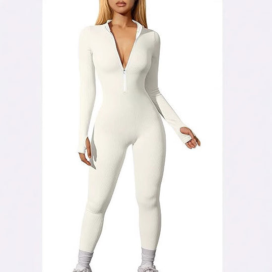 Damen nan figurbetonter Ripp-Jumpsuit mit hohem Halsausschnitt, langem Arm und sculptender Nahtführung Shop Nory