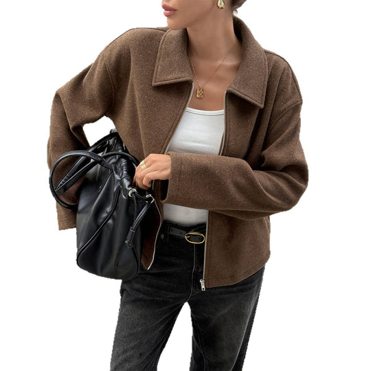 Damen nan kaschmirähnliche Wolljacke mit durchgehendem Reißverschluss, oversized Schnitt und Hemdkragen Shop Nory