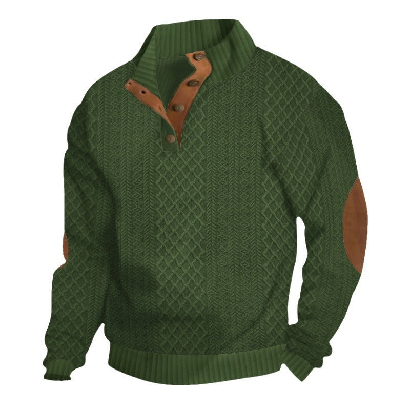 Herren Strukturiertes Zopfmuster-Henley-Pullover mit Lederbesatz an Ellbogen & Knopfleiste Shop Nory