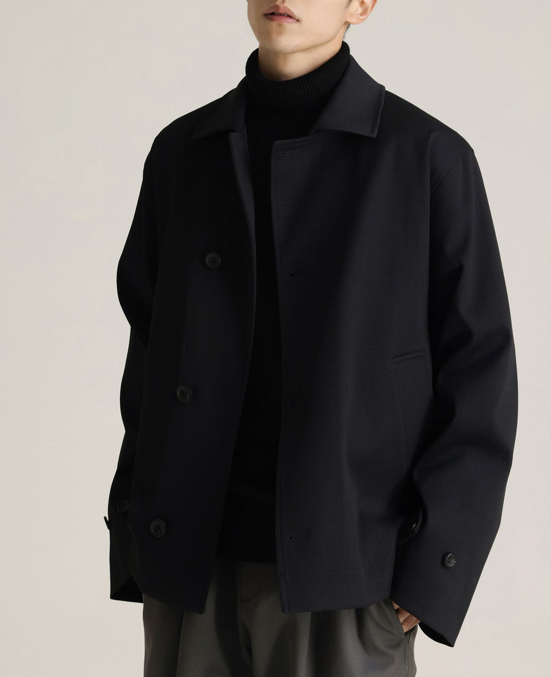 Herren Boxy-Kurzmantel aus Wollmix mit minimalistischer Doppelknopfleiste und Hemdkragen Shop Nory