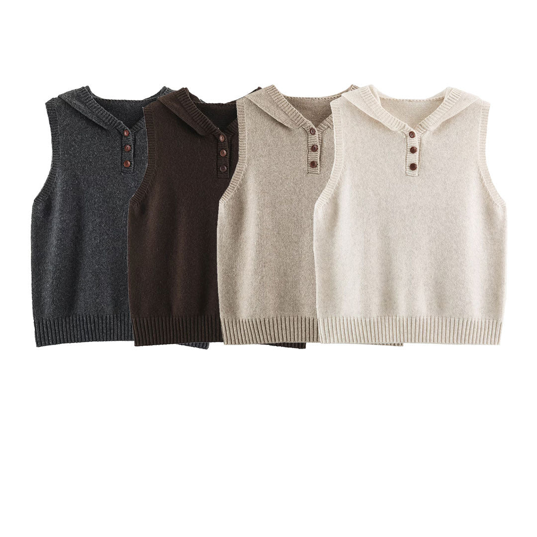 Damen Feinstrick-Weste mit Kapuze, Knopfleiste und Rippbund Shop Nory