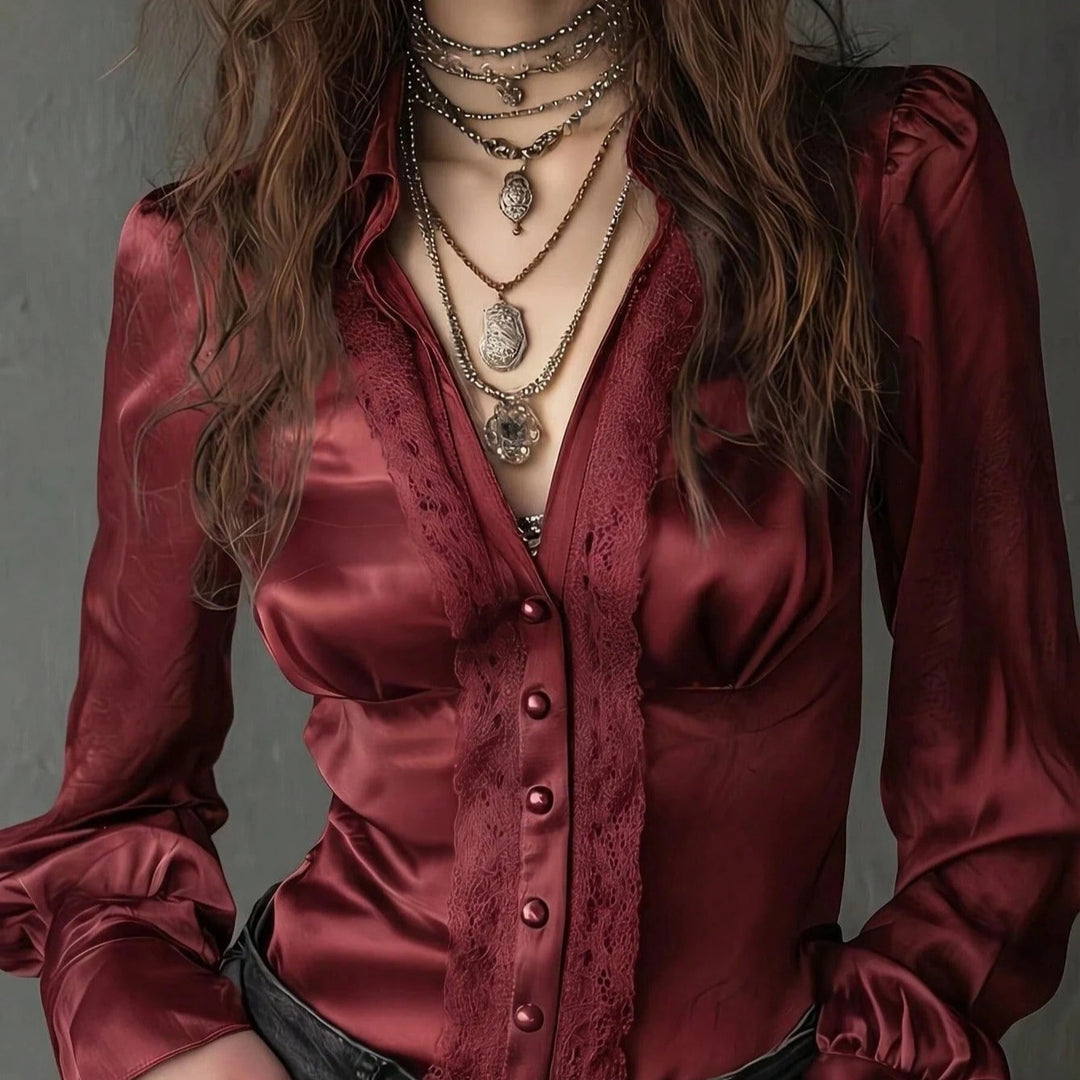 Damen Taillierte Satinbluse mit Spitzenpasse, Knopfleiste und Puffärmeln Shop Nory