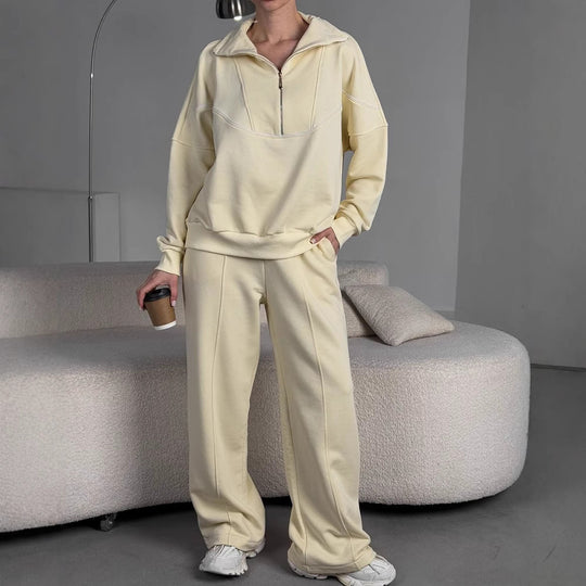 Damen Lockeres Loungewear-Set mit halbhohem Reißverschluss, überschnittenen Schultern und weiter Palazzohose Shop Nory