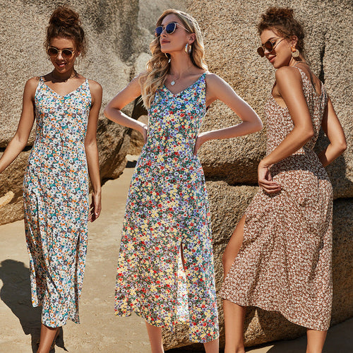 Damen Maxikleid mit floralem Muster und seitlichem Schlitz