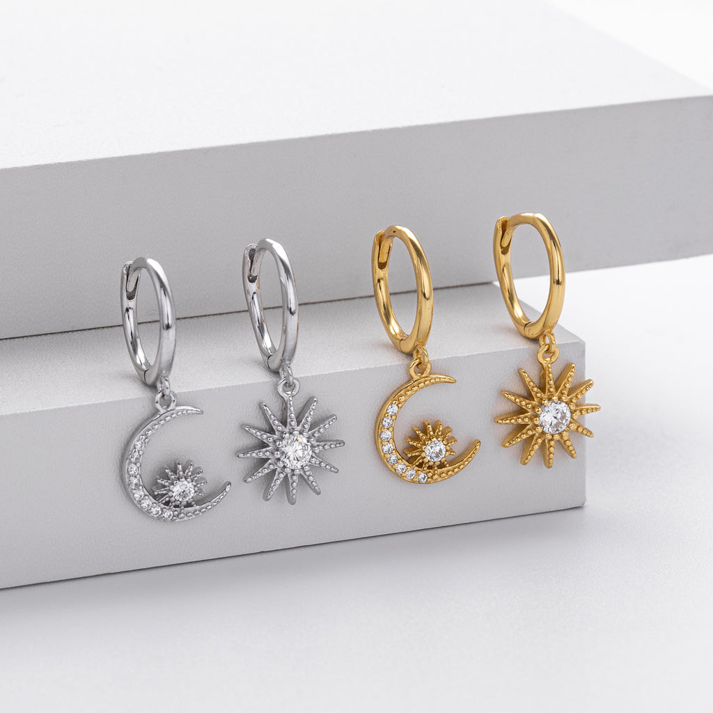 Damen Ohrhänger im stilvollen Mond- und Sonnenmotiv aus 925er Sterling Silber Shop Nory