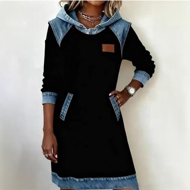 Damen nan Kapuzen-Sweatkleid mit Jeans-Applikationen, Kängurutaschen und lässigem Schnitt Shop Nory