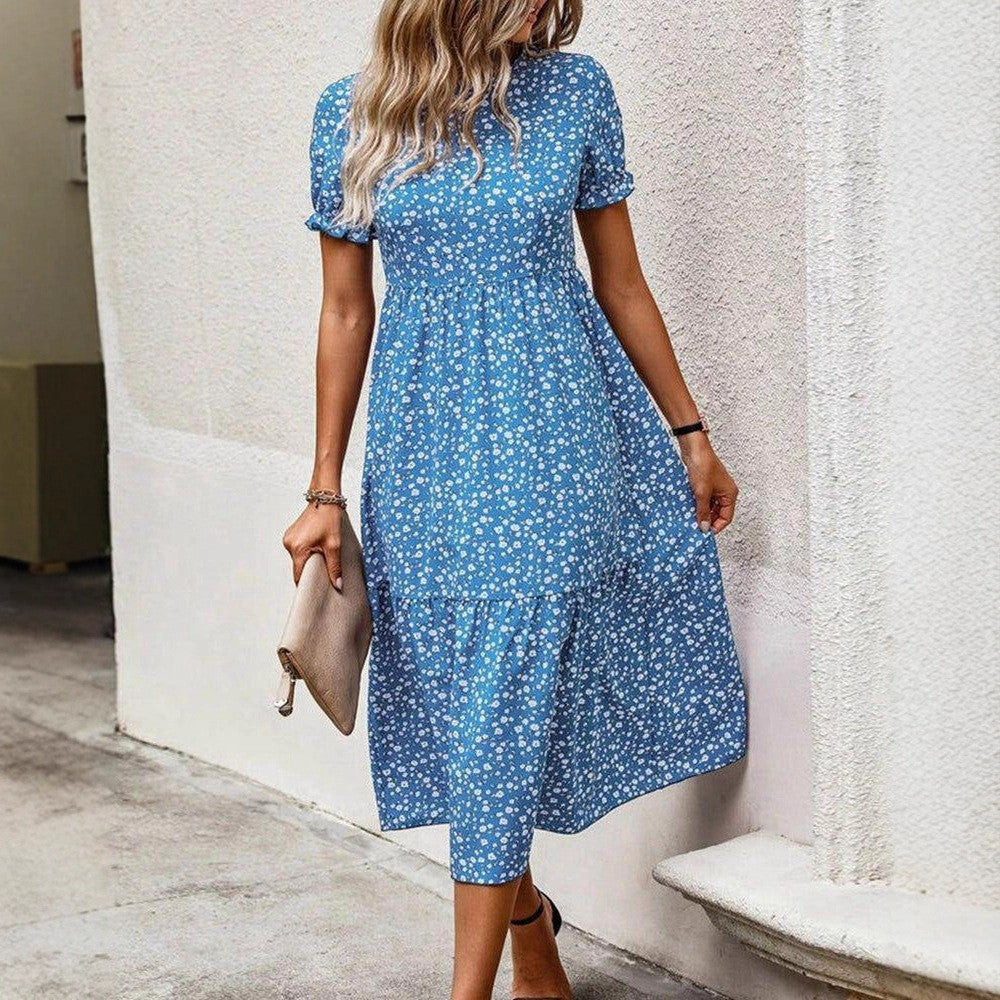 Damen nan ausgestelltes Midikleid mit hohem Rundhalsausschnitt, Puffärmeln, geraffter Empire-Taille und Stufensaum