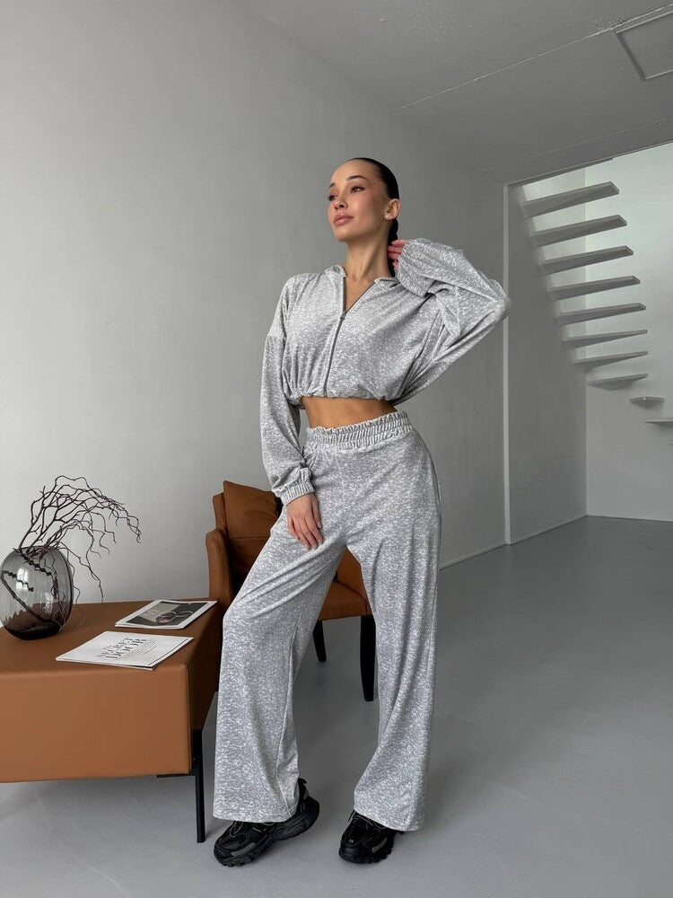 Damen cropped Zip-Hoodie mit elastischem Saum und locker fallende Palazzo-Jogginghose Shop Nory