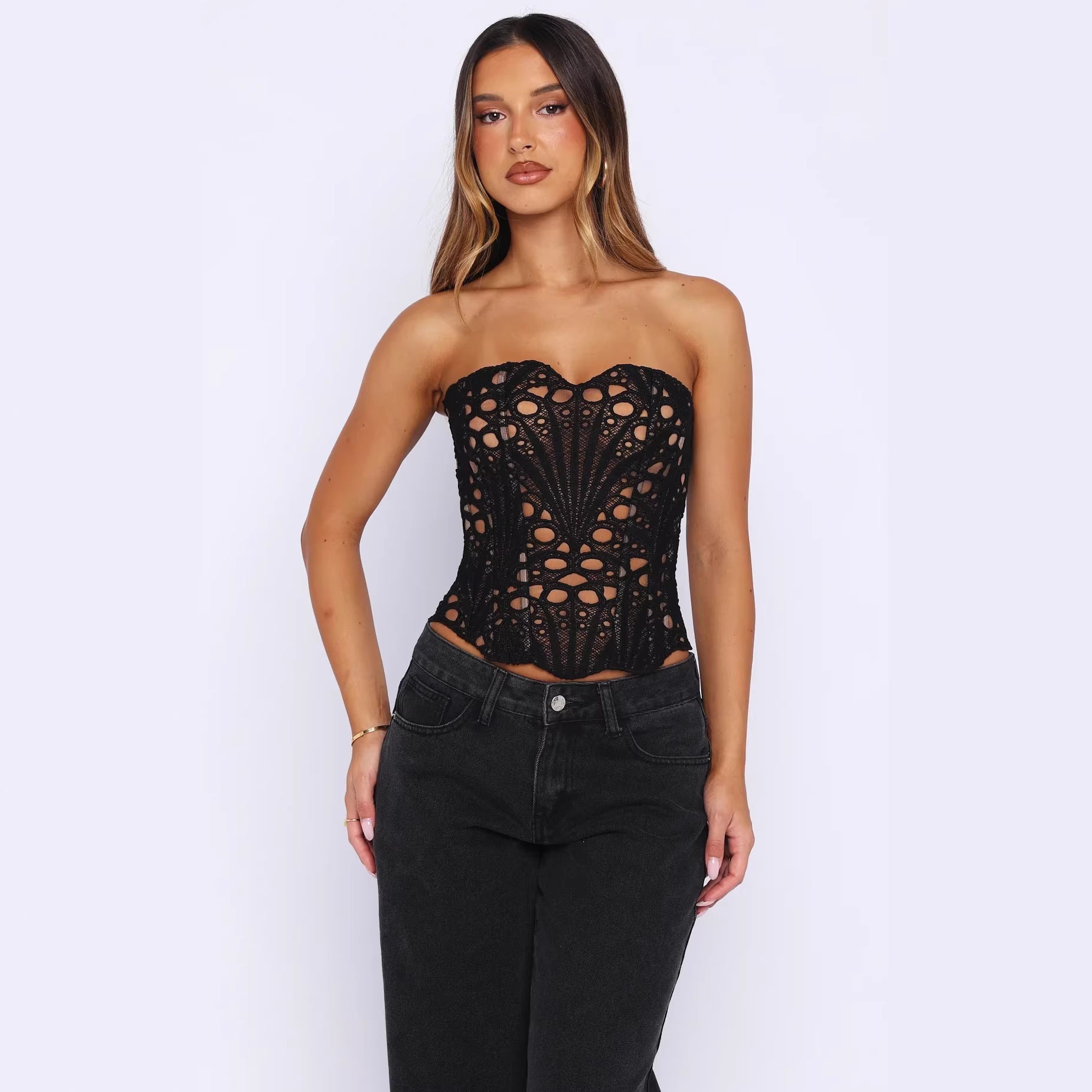 Damen Hochwertiges Spitzen-Corsagen-Oberteil mit tiefem Herz-Ausschnitt und raffinierten Details Shopnory