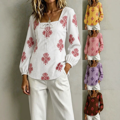 Damen Bestickte Tunika-Bluse mit quadratischem Ausschnitt und femininen Ballonärmeln Shop Nory