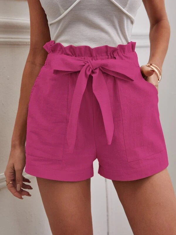 Damen kurze Lockere Leinenhose mit Bindegürtel