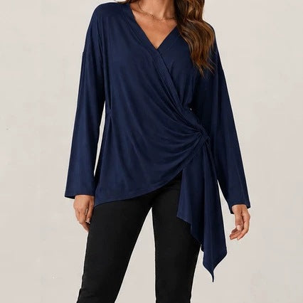 Damen Wickelshirt mit seitlicher Knotenpartie, V‑Ausschnitt und asymmetrischem Saum Shop Nory