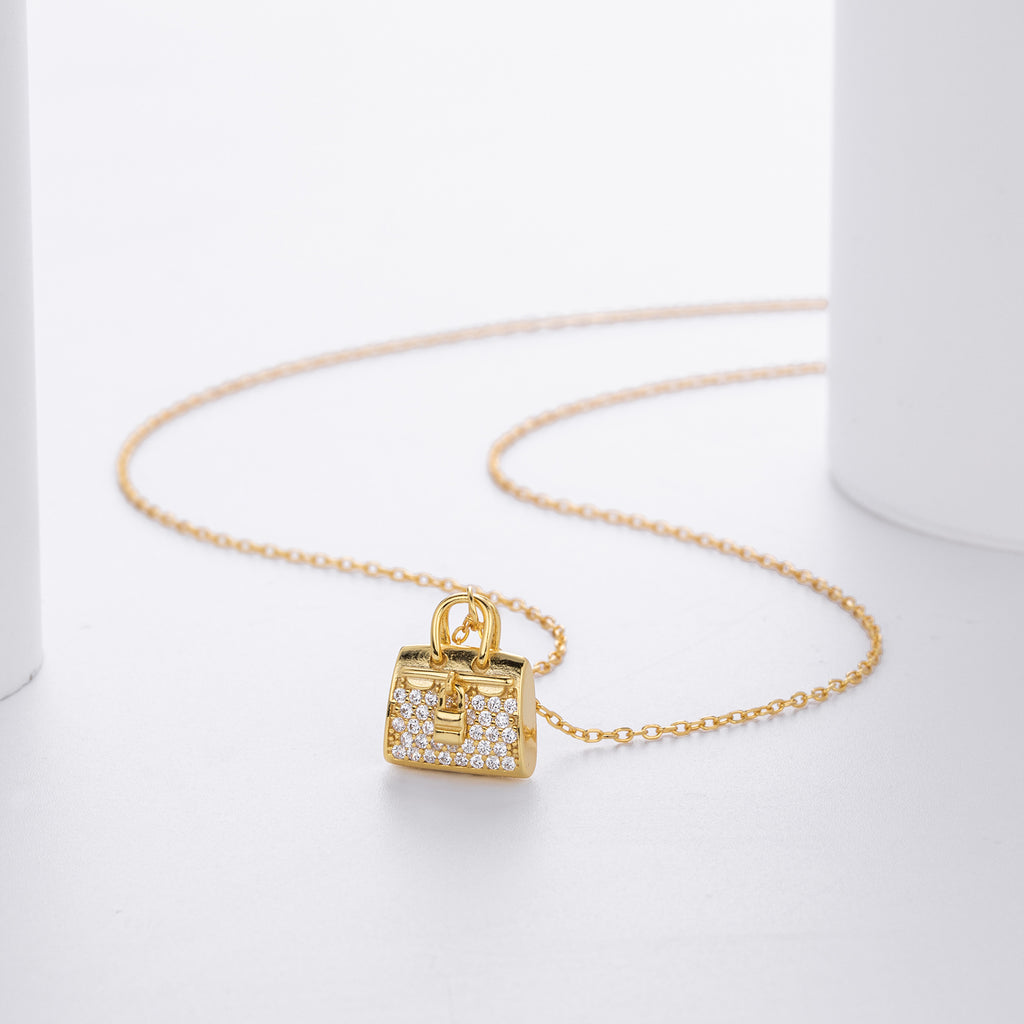 Damen Halskette mit einzigartigem Handtaschenanhänger aus hochwertigem 925 Sterling Silber und funkelnden Zirkonia Shop Nory
