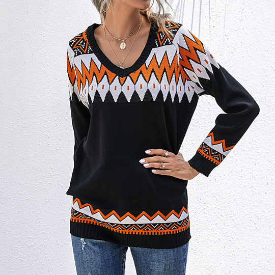 Damen Oversize Strickpullover mit geometrischem Aztekenmuster und asymmetrischem schulterfreiem Ausschnitt Shop Nory