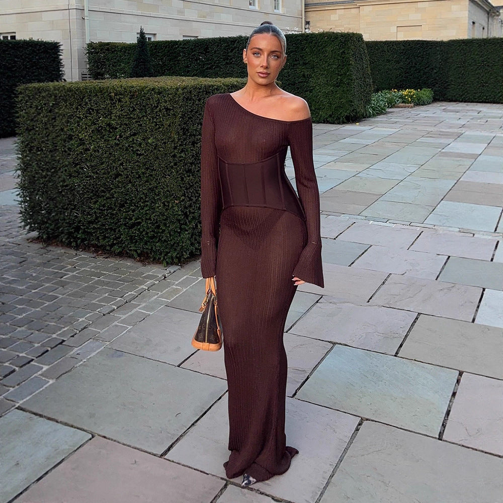 Damen One-Shoulder Maxikleid mit formendem Korsettbund und Rippstrick Shop Nory