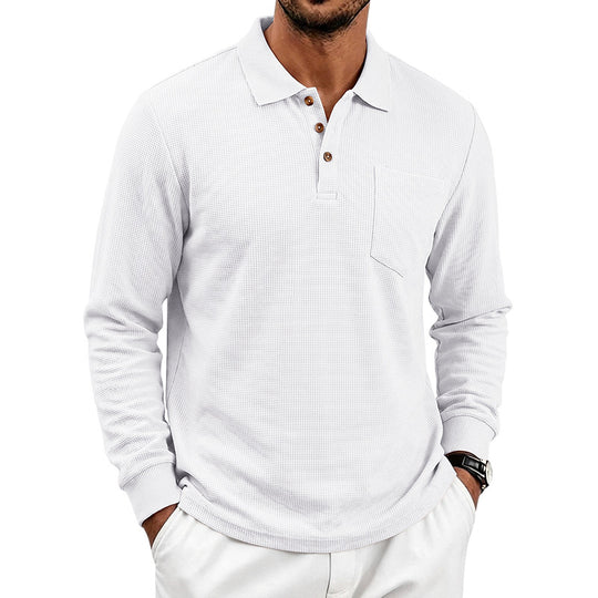 Herren Waffelstrukturiertes Langarm-Poloshirt mit Brusttasche und Holzknopfleiste Shop Nory