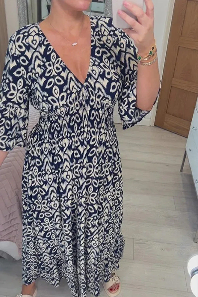 Damen Boho‑Maxikleid mit Smoktaillenband, Wickeloptik‑Dekolleté und Volantärmeln Shop Nory