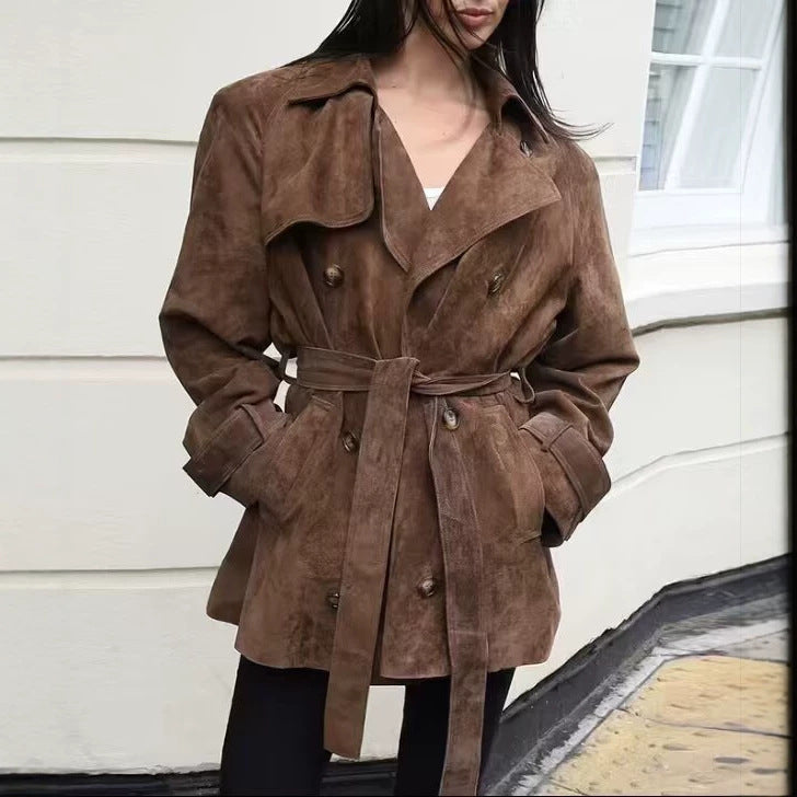 Damen Kurzer Wildleder-Trenchcoat mit Doppelreihe und Taillengürtel Shop Nory
