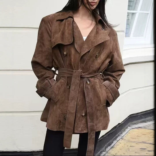 Damen Kurzer Wildleder-Trenchcoat mit Doppelreihe und Taillengürtel Shop Nory