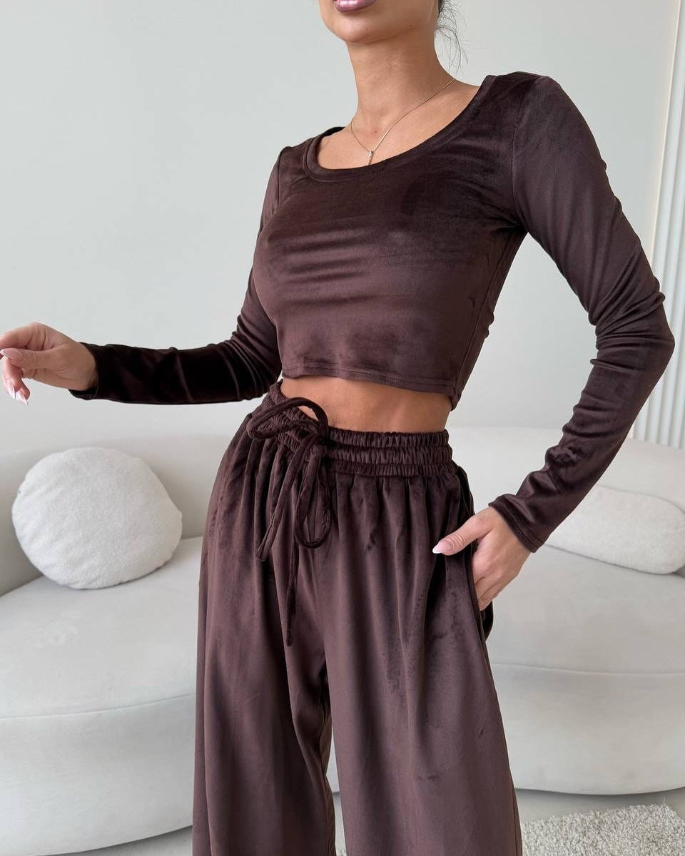 Damen Samt-Loungewear-Set mit Cropped-Langarmshirt und hoher Taillen-Palazzohose Shop Nory