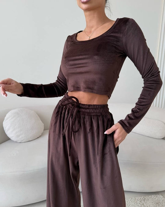 Damen Samt-Loungewear-Set mit Cropped-Langarmshirt und hoher Taillen-Palazzohose Shop Nory