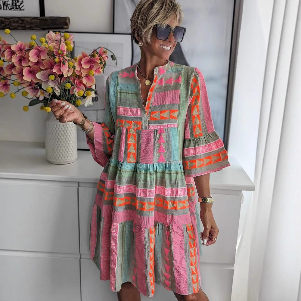 Damen luftiges Boho-Kleid mit eingewShopnoryten Mustern und kurzen Ärmeln