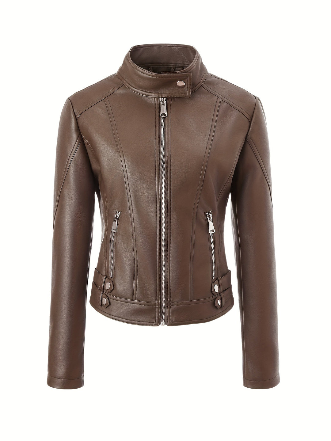 Damen Kurze taillierte Motorjacke aus Kunstleder mit Stehkragen und Schnallgurten Shop Nory