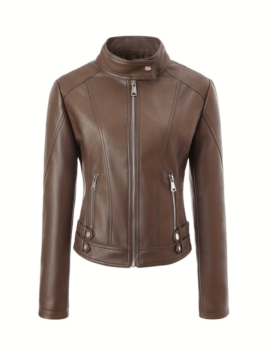 Damen Kurze taillierte Motorjacke aus Kunstleder mit Stehkragen und Schnallgurten Shop Nory