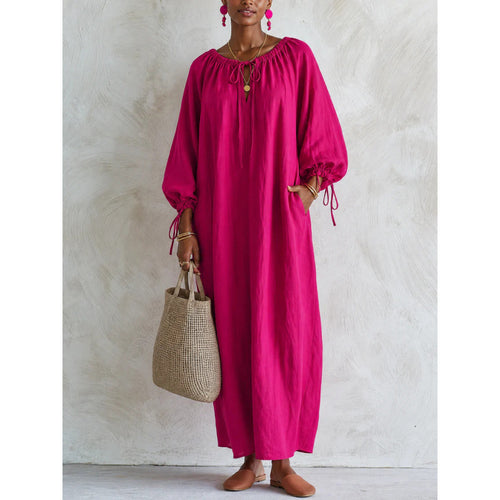Damen Luftiges Leinenoptik-Maxikleid mit Kordelkragen, Ballonärmeln und Eingrifftaschen Shop Nory