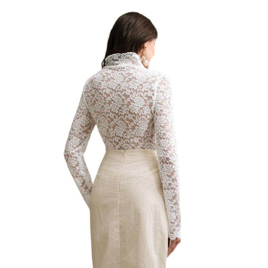 Damen Spitzenoberteil mit hohem Kragen und filigranem Blumendesign