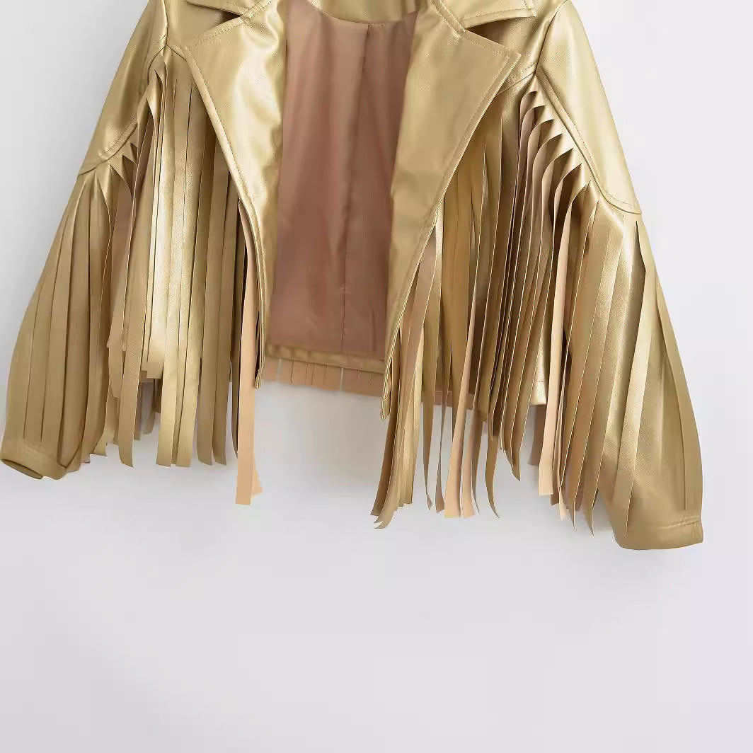 Damen Kurzjacke im Bikerstil mit Metallic‑Optik und langen Lederfransen Shop Nory