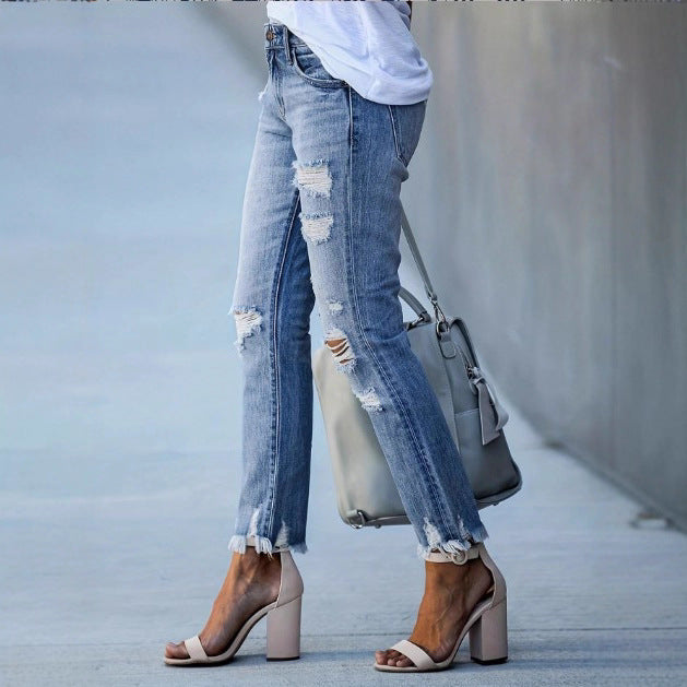 Damen Lässige Cropped-Jeans mit Zerrissenem Destroy-Design, hoher Taille und asymmetrischem Fransenabschluss Shop Nory