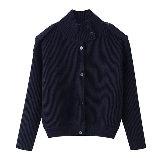 Damen Gerippter Strickcardigan mit Stehkragen und Schulterknopf-Detail Shop Nory