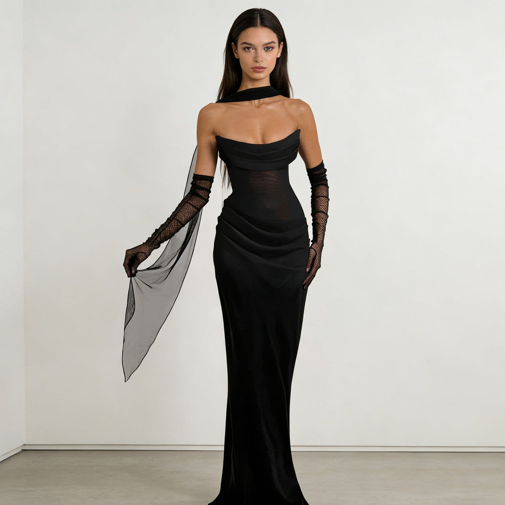 Damen Elegantes schulterfreies Maxikleid mit verführerischem Rüschendetail