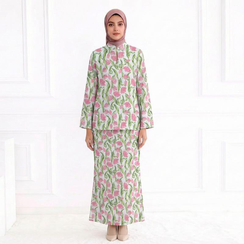 Damen Zweiteiliges Modest-Set aus Tunika mit Stehkragen und geradem Maxirock mit Blumenprint Shop Nory