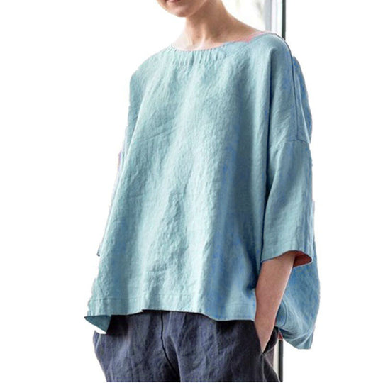 Damen Oversized Leinenbluse mit weitem Boxy‑Schnitt, U‑Boot‑Ausschnitt und 3/4‑Ärmeln Shop Nory